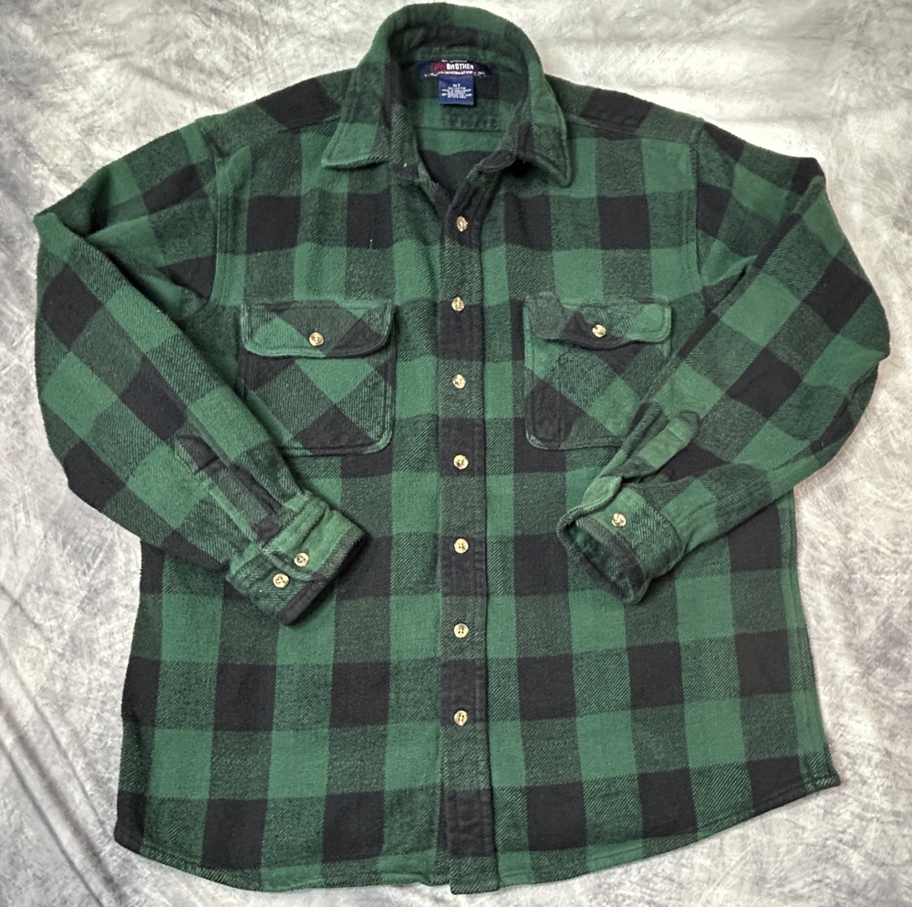 Five Brothers Flannel Shirt Mens XLT Green Black Plaid Long Sleeve Workwear